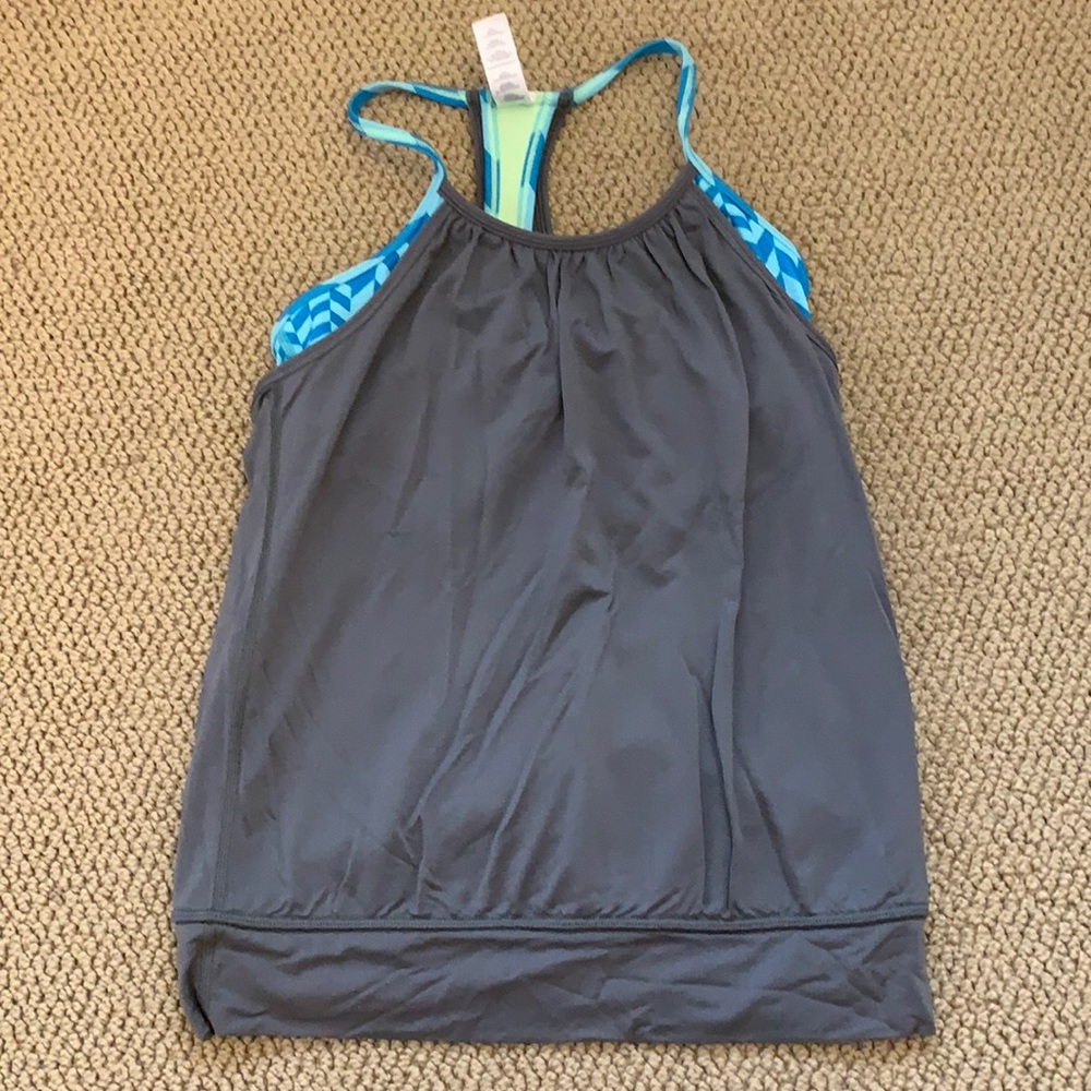 Grey tank top with patterned built in sports bra